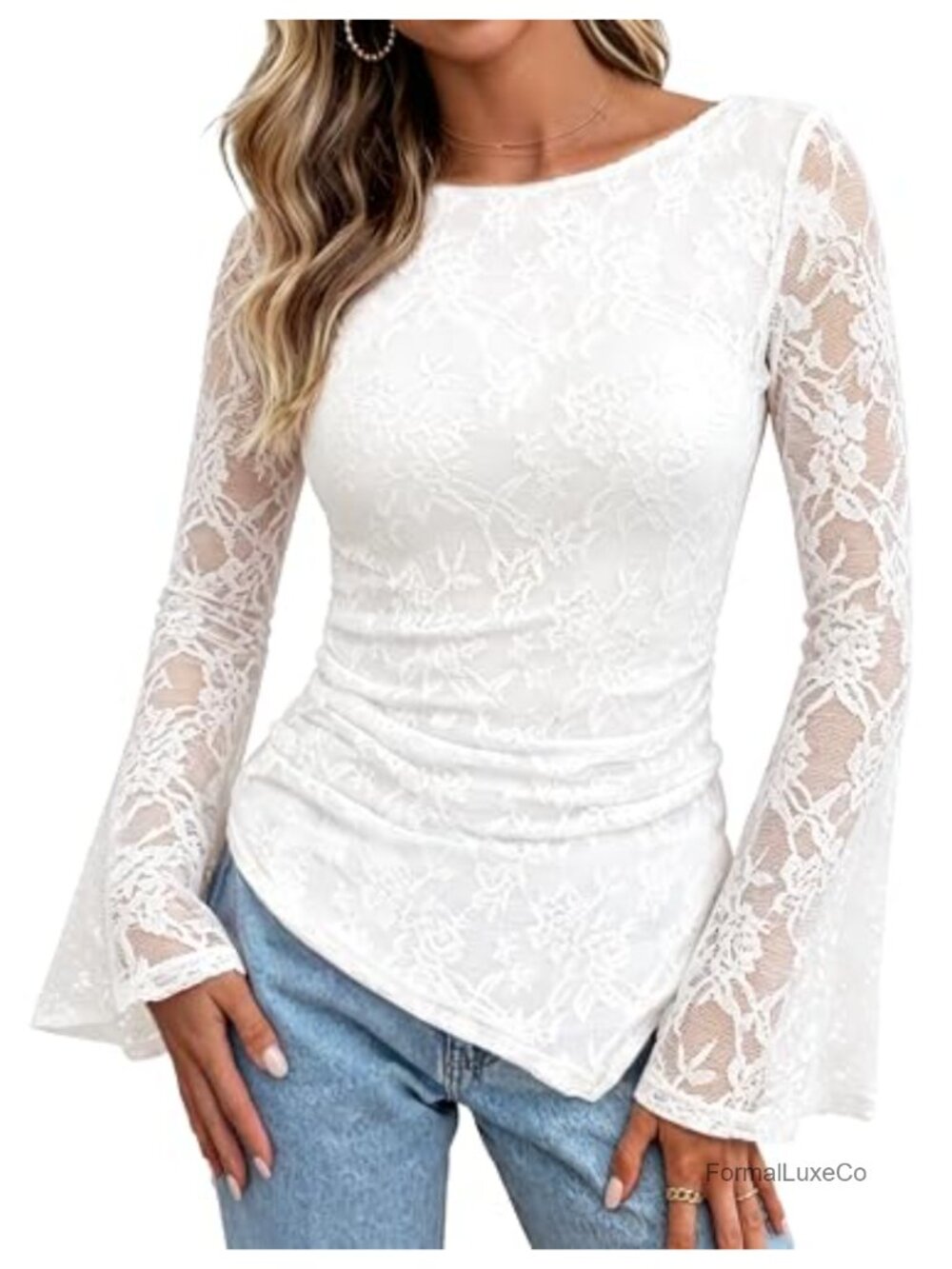 Women Lace Top Sheer Bell Sleeve Boho Peplum Blouse Ruched Asymmetrical